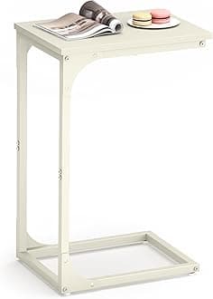 C-Shaped End Table, Small Side Table for Couch, Sofa Table with Metal Frame for Living Room, Bedroom, Bedside, Cream White