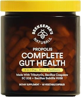 Complete Gut Health by Beekeeper's Naturals, 3-in-1 Prebiotic, Postbiotic, Probiotics for Digestive Health & Bloating Relief for Women & Men, Propolis Powered, Gluten-Free Vegan Capsules, 60ct