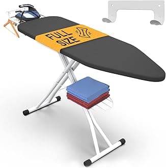 - Full Size Ironing Board 57" X 15" with Wall Mount Hanger, Full Metal Construction Iron Board, Built in Iron Caddy, Heat & Scorch Resistant Fabric, Cord Holder, Anti-Skid Feet, Heavy Duty