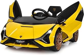 12V Licensed Lamborghini Sian Kids Ride On Car with Parent Remote Control, Spring Suspension, MP3 Player, Electric Toy Roadster Carbon Fiber Textured for Toddler (Yellow)