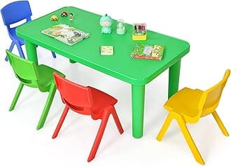 Kids Table and 4 Chair Set, 48 x 24 Inch Children Rectangular Study Table w/Stackable Seats, 4 Pcs Plastic Activity Toddler Furniture Set for Playroom Daycare, Gift for Boys Girls (Colorful)
