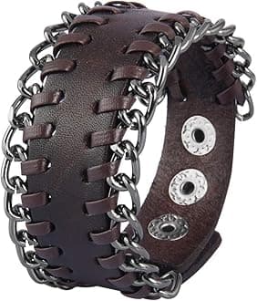 GelConnie Hard Rock Leather Cuff Bracelet Cool Handmade Braided Metal Bracelets Adjustable Punk Leather Wristbands for Men, Women LPB305-Brown