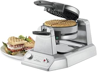 Waring Commercial WWD200 Classic Double Waffle Maker, Coated Non Stick Cooking Plates, Produces 60 waffles per hour, 120V, 1400W, 5-15 Phase Plug, Silver
