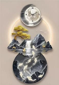 Modern 3D Wall Art Sculpture with LED Light, Plug-in Clock Home Decor, UV Engraved Wall Hanging for Bedroom, Living Room, Apartment(J,23.6"x47.2")