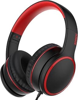 RORSOU R10 Over-Ear Headphones with Microphone, Lightweight Folding Stereo Bass Headset with 1.5M No-Tangle Cord, Portable Wired Headphones for Smartphone Tablet Computer MP3 / 4 (Black)