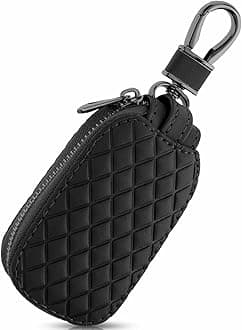 Generic Genuine Leather Car Key Case, Universal Auto Key Fob Cover, Anti Scratch, Waterproof, Zipper Bag with Keychain & Carabiner, Unisex-Adults, Dark Black