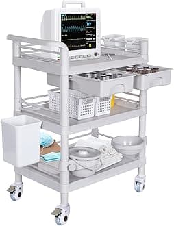 Mobile Medical Carts 3 Tier Professional Utility Cart 330 LBS Max Load Rolling Crash Cart Ultrasound Trolley with Wheels Drawers Dirt Bucket Sharps Box Storage Basket for Hospital Dental Clinic Home