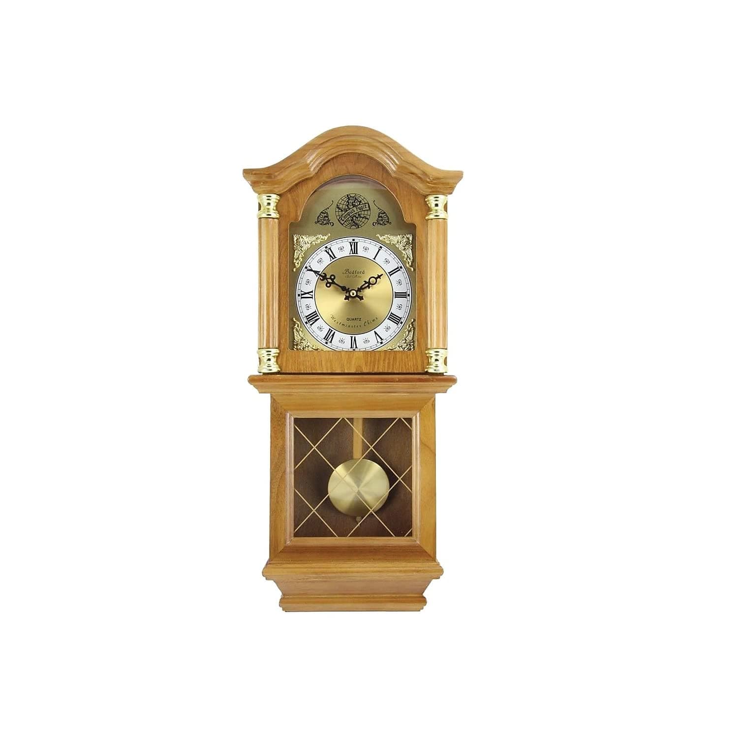 Bedford Clock Collection Classic Chiming Wall Clock with Swinging Pendulum, Golden Oak