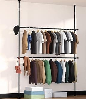 INFLATION Closet Organizer Clothes Rack, Heavy Duty 2-Tier Adjustable Free Standing Laundry Drying Garment Rack, Floor to Ceiling Clothing Hanger Tension Rod Closet System Wardrobe Storage, Black