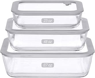 Glass Food Containers with Glass Lid, Microwave Safe Food Storage Container Set, 3 Pack of Large Size, Food Storage Containers with Lids, Meal Prep containers with Leak Proof Lid.