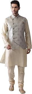 KISAH Men's Cream Kurta Jacket (Waistcoat/Modi/Nehru) & Pyjama Combo (Set of 3), Ethnic Indian Traditional Wear