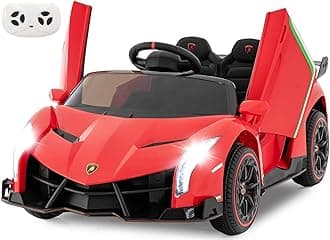 - 2 Seater Kids Ride on Car, 12V 4WD Licensed Lamborghini Veneno Powered Electric Vehicle with Hydraulic Doors, Rocking Mode, Adjustable Speeds, Remote Control, MP3, Headlight (Red)
