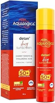 Aqualogica Detan+ Dewy Sunscreen SPF 50+ PA++++ with Cherry Tomato & HA - 50 g Broad Spectrum SPF 50+ PA++++ UVA/B & Blue Light Protection Anti-Pollution Factor (APF) Technology