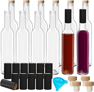 DHSBTLS 12 Pack 500 ml/16 oz Clear Glass Bottles With Wooden Cork Lids & Seal Shrink Capsules Caps, Home Brewing & Juicing Bottles For Bordeaux Wine, Beverage, Sparkling Wine, Kefir, Decor