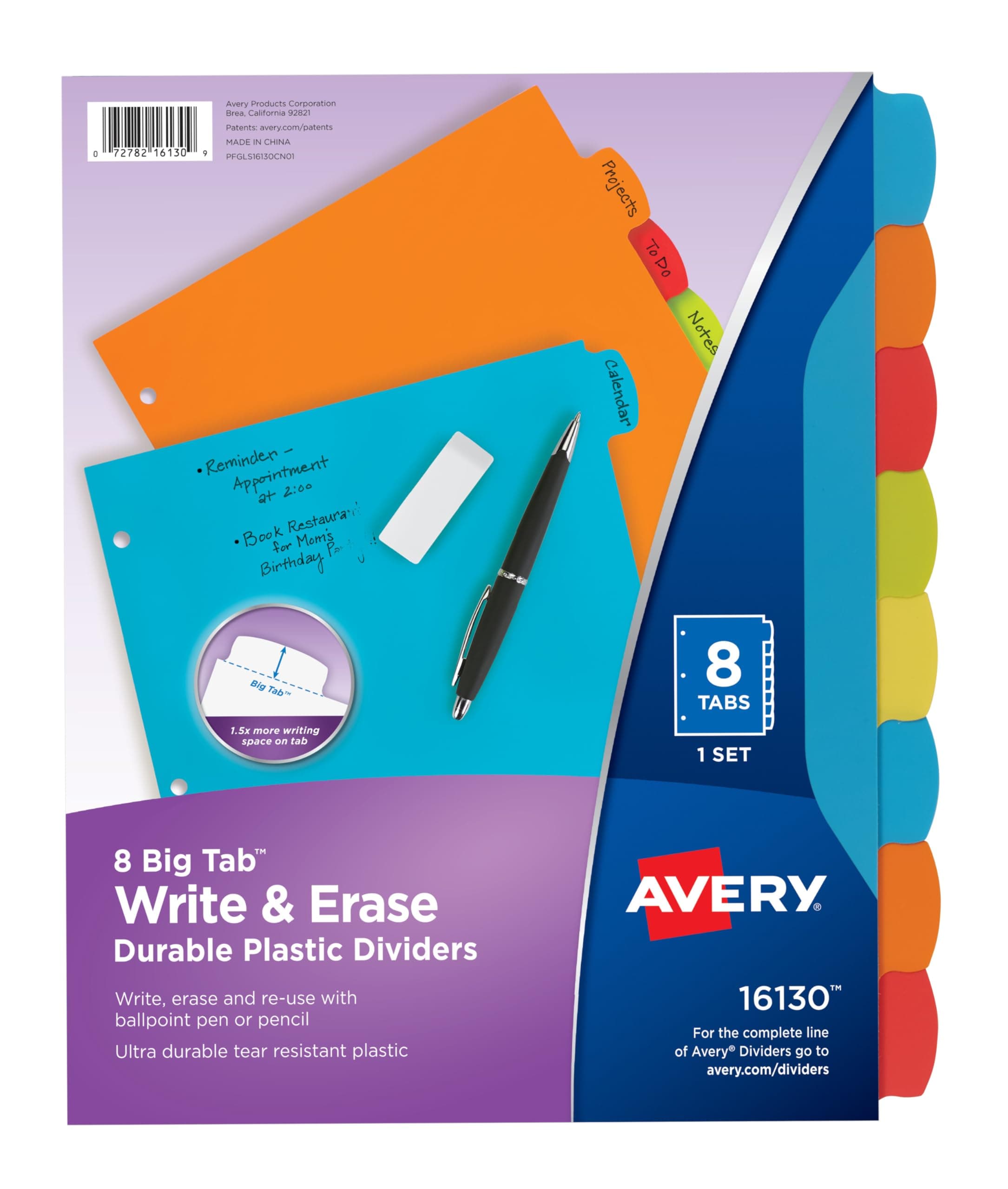 Big Tab Write & Erase Durable Plastic Dividers for 3 Ring Binders, 8-Tab Set, Bright Multicolor, 1 Set (16130)
