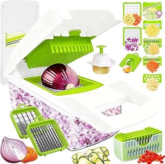 Dewpeton Pro-Series 16-in-1 Mandoline Slicer & Spiralizer, Veggie Chopper with Container for Onion Salad & More