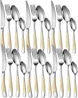 Mirror Finish Gold Plated Stainless Steel Flatware Set - Copper Silverware Rose Gold Cutlery [Dinner Fork, Tea Spoon, Salad Spoon, Knife] (Golden DOT, 24 Pieces)