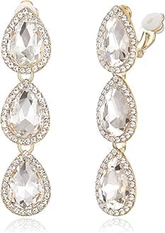 Women's Austrian Crystal Teardrop Pear Shape 2.4 Inch Long Clip-on Dangle Earrings