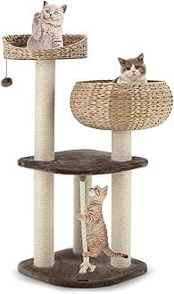 PETSITE 41" Tall Modern Cat Tree Tower, Rattan Cat Activity Tree w/Perch, Scratching Posts & Removable Cushions, Multi-Layer Cat Tower for Indoor Cats