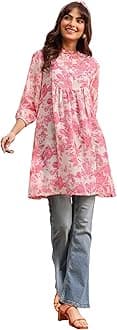Janasya Women's Cream & Pink Silk Blend Floral Printed A-line Tunic