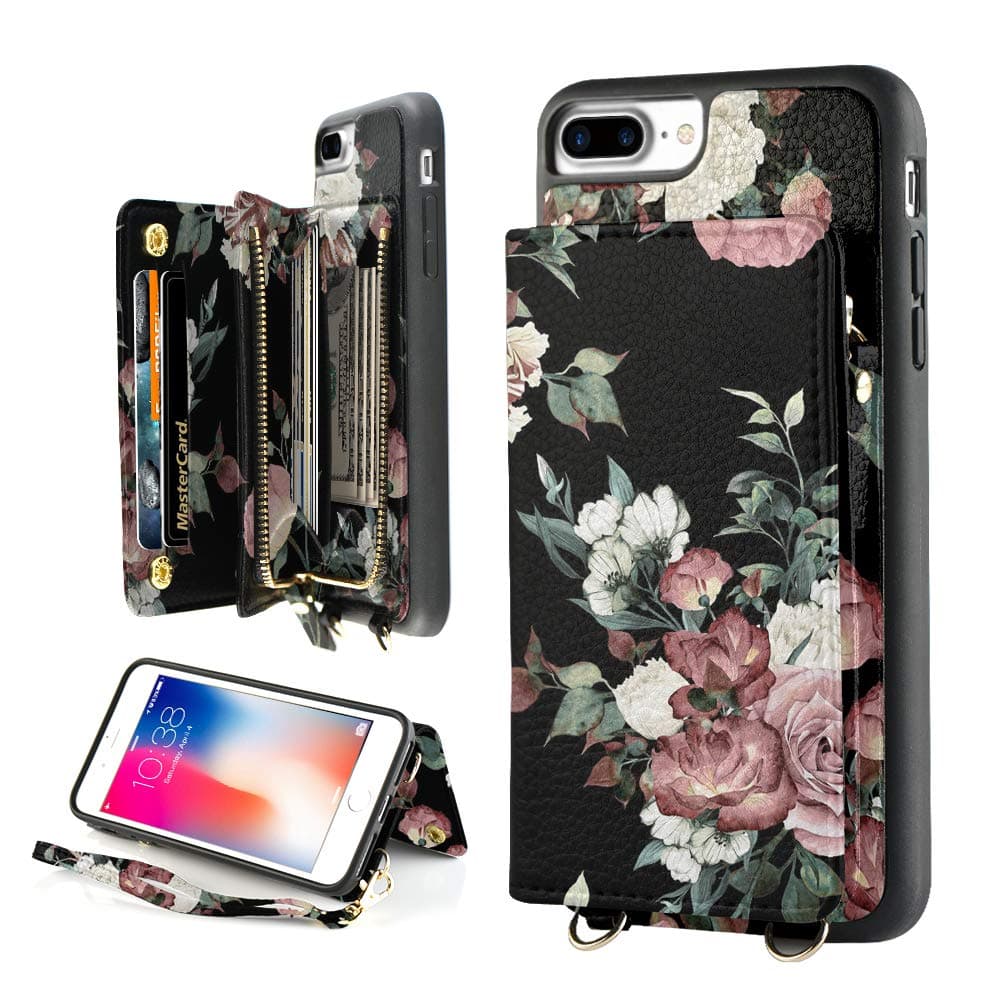 iPhone 8 Plus Case Wallet for Women, iPhone 7 Plus Card Holder Case, LAMEEKU Floral Pattern Shockproof Zipper Leather Case with Crossbody Strap Wristlet for iPhone 7 Plus/8 Plus 5.5"-Floral Pink White