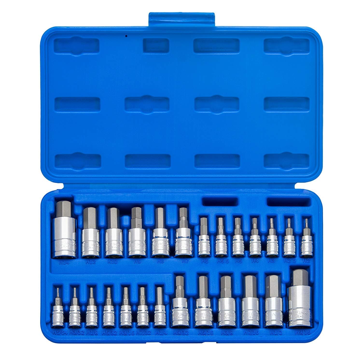 Neiko 01144A Tamper-Proof Hex Bit Socket Set, 26 Pieces | SAE (5/64-9/16”) and Metric (2-14MM)