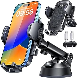 YRU [True Upgrade for Safety] Car Phone Holder Mount [Patent & Military-Grade] Dashboard Cell Phone Holder for Car Vent Windshield Phone Stand for iPhone 17 16 15 14 13 Pro Max Truck Samsung, Black
