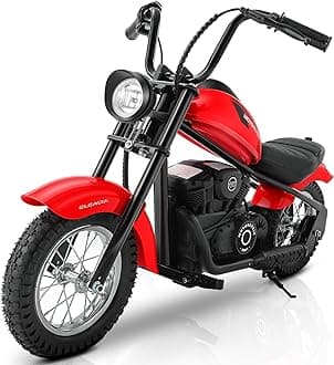 ELEMARA Dirt Bikes for Kids, Vintage Motor Bikes Electric w/Power Display, 15 mph & 150lb Max, Key Start, Chain-Driven Motor, Twist-Grip Throttle, Shock Springs, Handbrake, 12" Air-Filled Tires-Red