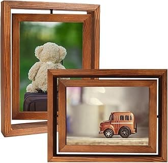 Fixwal 2 Pack 5x7 Rotating Picture Frame, Solid Wood Frame with Double-sided Real Glass, Photo Frame for Tabletop Display, Rustic Style Carbonized Brown