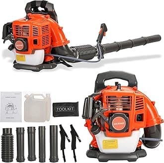 Backpack Leaf Blower 52CC Gas Powered, 205 MPH 550 CFM Air Volume 2-Stroke Engine with Adjustable Tube for Lawn Care Leaf & Snow Removal Road Cleaning