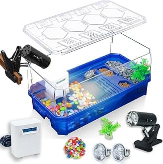 Aquatic Turtle Tank Habitat Kit Stone+Filter+Heat Lamp Enhancing Interaction with 360° Viewing, Standalone Filtration, DIY Creative Zone, Enriched Living (Blue, Medium[with Light])