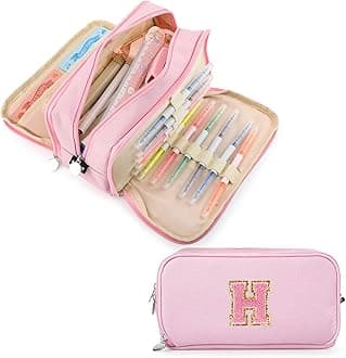 Extra Large Capacity Pencil Case 3 Compartment Initial Pencil Pouch Personalized Cute Aesthetic Stationery Pen Case Bag for School Teen Girl Boy Men Women Gift (H, Pink)