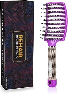 Premium Boar Bristles Detangler - Pain Free Hair Brush - Vented Design for Faster Blow Drying (Purple)