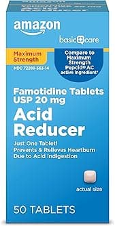 Amazon Basic Care Maximum Strength Famotidine Tablets 20 mg, Acid Reducer for Heartburn Relief, Prevents & Relieves Acid Indigestion, Heartburn Medicine, 50 Count