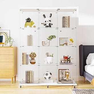 LFT HUIMEI2Y Glass Display Cabinet 12 Shelves with 3 Columns 2 Doors and Lock, Extra Large DIY Curio Cabinets Quick-Install Style Tempered Glass Floor Standing Bookshelf for Living Room, Kitchen White