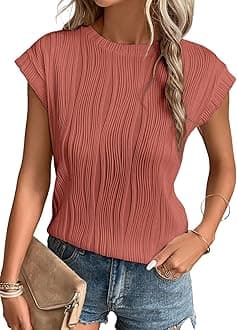 EVALESS Womens 2026 Round Neck Short Sleeve T Shirts Fashion Trendy Spring Summer Loose Fitted Plain Knit Textured Tops Casual Tee Blouses Clothes Rose Pink Medium