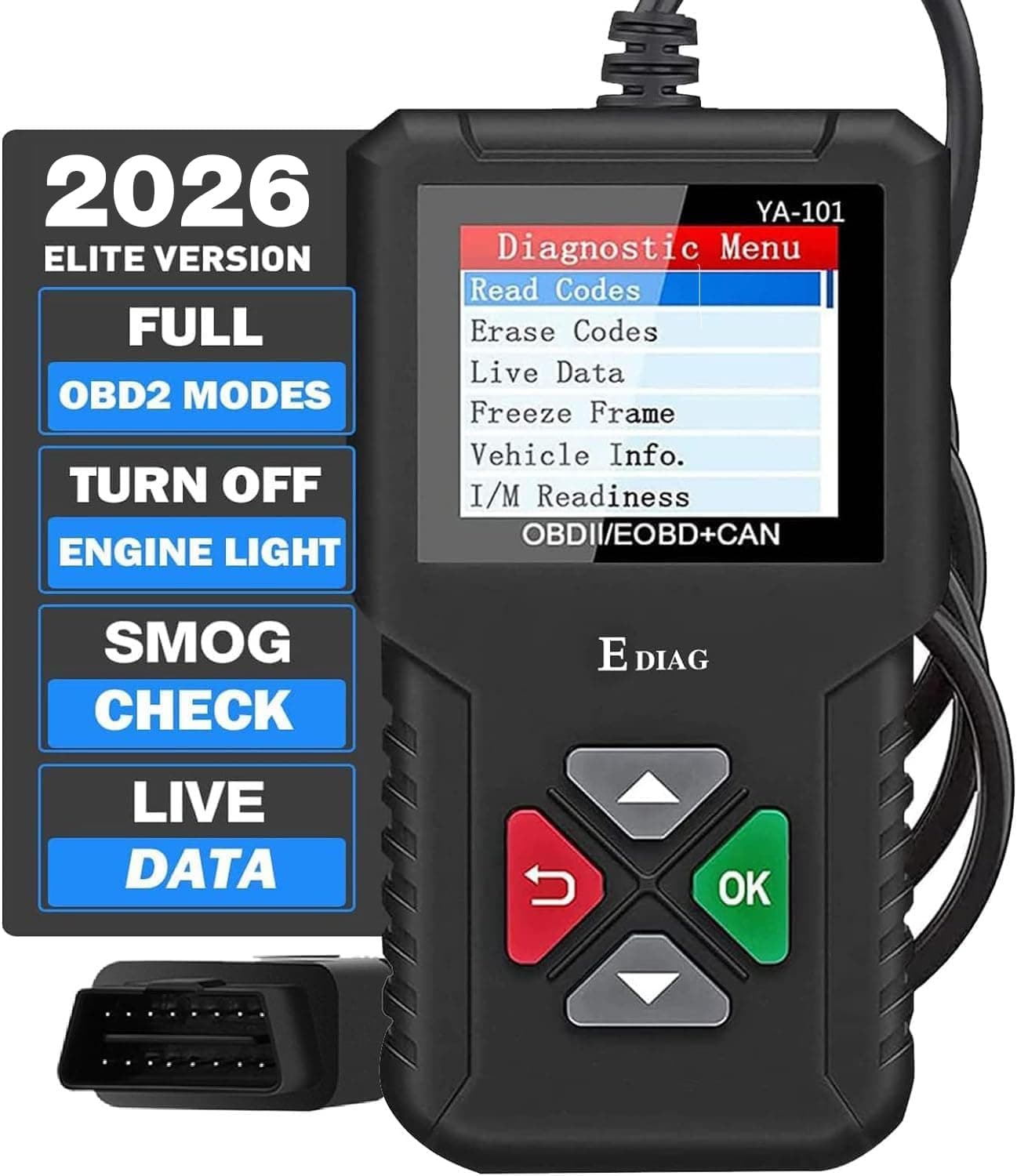 EDIAG OBD2 Scanner YA-101 Enhanced OBDII Diagnostic Scan Tool Automotive Code Reader Checks Engine Light,O2 Sensor and EVAP Systems, On-Board Monitor Test(Mode 6)-Lifetime Free Update