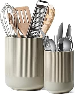 Utensil Holder for Kitchen Counter, 7.3"+5.4" Fluted Ceramic Utensil Crock Organizer for Countertop, Heavy Large Holder for Spatulas, Spoons, Set of 2, Oatmeal Greige