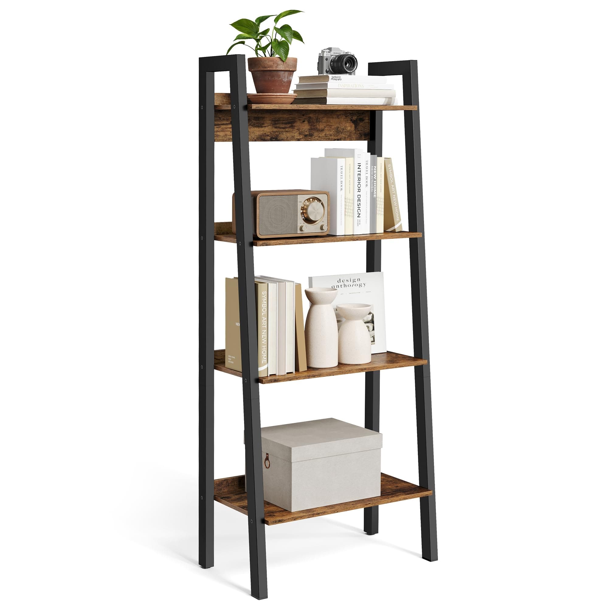 VASAGLE Ladder Shelf, 4-Tier Narrow Shelf, Bookshelf for Home Office, Living Room, Bedroom, Kitchen, Industrial, Rustic Brown and Ink Black LLS054X01