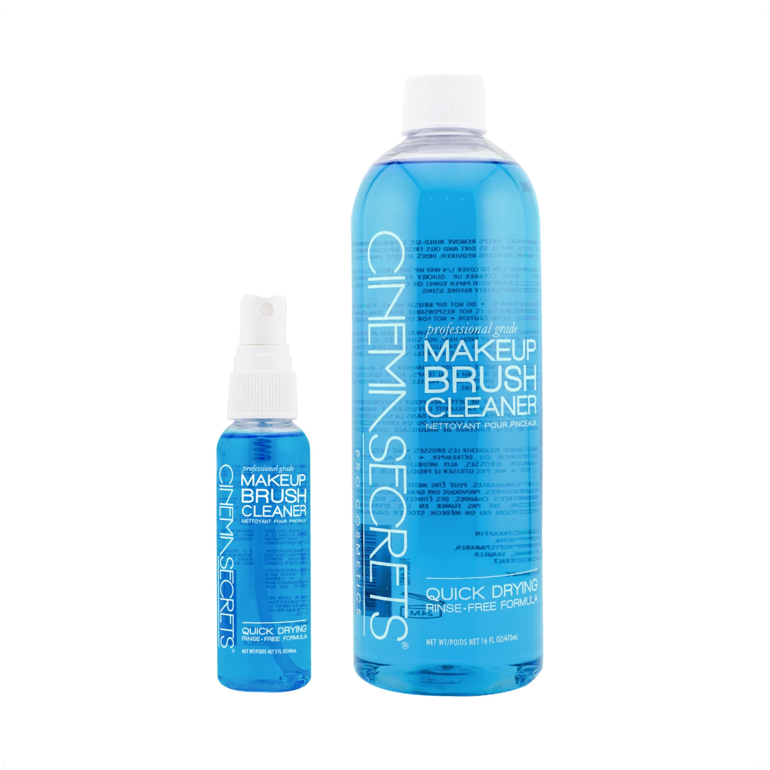 Cinema Secrets Original Blue Vanilla Makeup Brush Cleaner Solution & Spray Combo - Professional Cleanser for Makeup Brushes - Quick-Drying & Rinse-Free - Removes Built-Up Make Up (16 fl oz & 2 fl oz)
