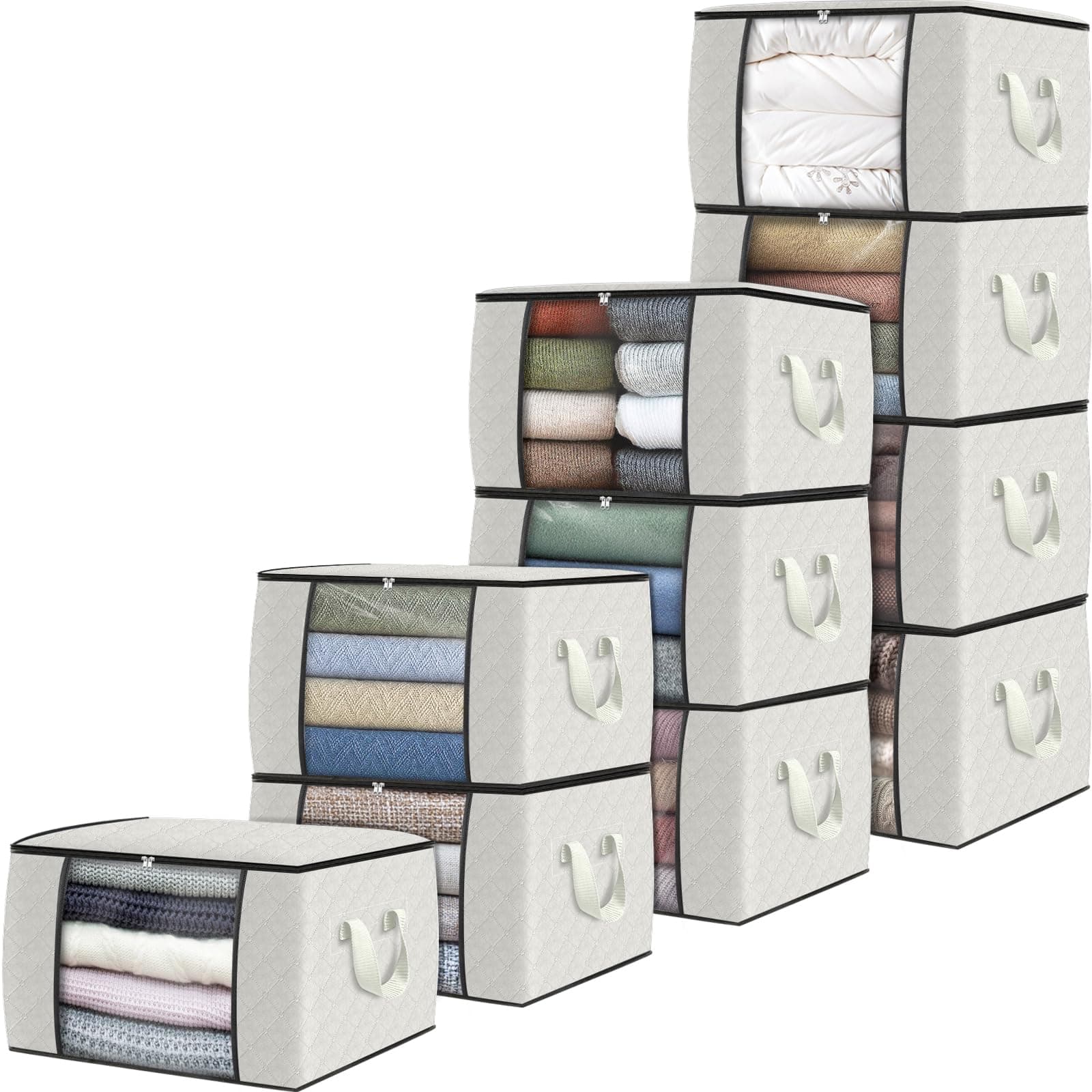 10 Pack Clothes Storage, Foldable Thick Fabric Blanket Storage Bags, Containers for Organizing Bedroom, Closet, Clothing, Comforter, Organization with Handle,Ivory White