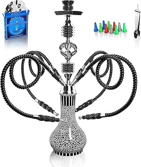 Hookah Complete Set with 4 Hose, 22'' Large Shisha Kit for Up to 4 Persons with Everything Included, Ceramic Bowl | Premium Hose | Beautiful Glass Vase (Black OS1)
