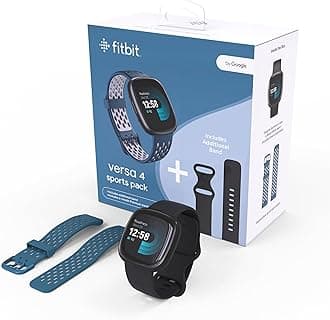 Versa 4 Fitness Smartwatch with Daily Readiness, GPS, 24/7 Heart Rate, 40+ Exercise Modes, Waterfall Blue/Platinum, One Size (S & L Bands Included) + Sports Strap Bundle