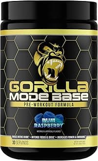 Gorilla Mode Base Pre Workout - Raises Nitric Oxide · Intense Focus & Drive · Endurance · Power - L-Citrulline, L-Tyrosine, Betaine, Alpha-GPC, Caffeine, Huperzine A - 360 Grams (Blue Raspberry)