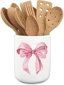 JarThenaAMCS Valentine's Day Pink Bow Ceramic Utensil Holder Watercolor Coquette Trendy Bow Utensil Crock for Home Kitchen Countertop Storage Organizer Container