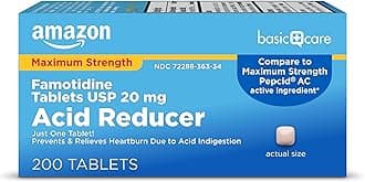 Amazon Basic Care Maximum Strength Famotidine Tablets 20 mg, Acid Reducer for Heartburn Relief, Prevents & Relieves Acid Indigestion, Heartburn Medicine, 12 Hour Protection, 200 Count