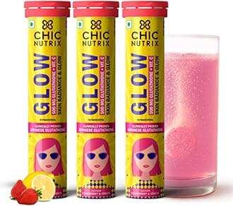 Chicnutrix Glow Glutathione Effervescent Tablets with Vitamin C |Japanese Glutathione 500mg For Radiant, Even-Toned and Glowing Skin | Sugar-Free| Strawberry Lemon Flavour, 20 Tablets (Pack of 3)