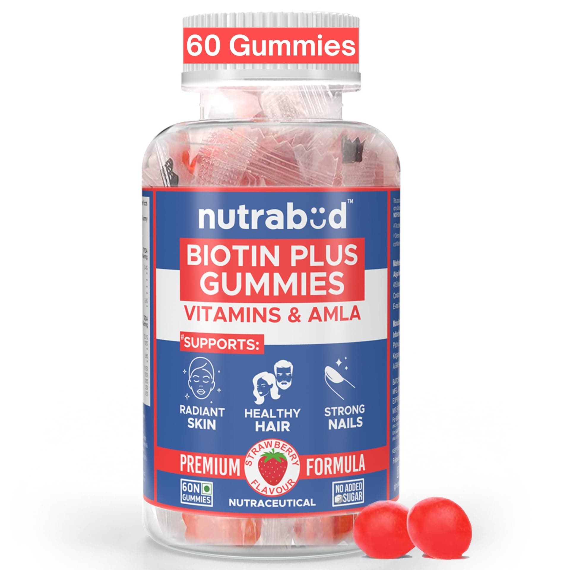 Biotin Hair Gummies For Women, Men | No Added Sugar | For Healthy Hair Growth, Skin Glow & Strong Nails | Strawberry Flavor Veg Gummy Bear Supplement - 60 Count (Pack of 1)