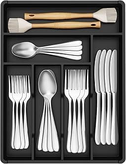 Lifewit Cutlery Drawer Organiser, Plastic Cutlery Tray for Kitchen, Utensil Flatware Silverware Holder Divider for Spoons Forks Knives Tableware, 6 Compartments, 31 x 41cm, Black