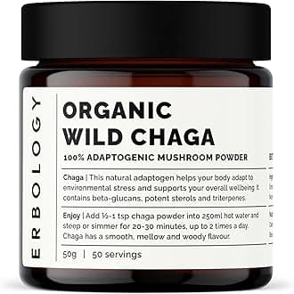 Erbology Organic Chaga Mushroom Powder 50 Servings - 7% Beta-glucans - Immunity Support - Inonotus Obliquus - Small Batch - Sustainably Wild Harvested in Finland - Vegan - Non-GMO - No Added Fillers